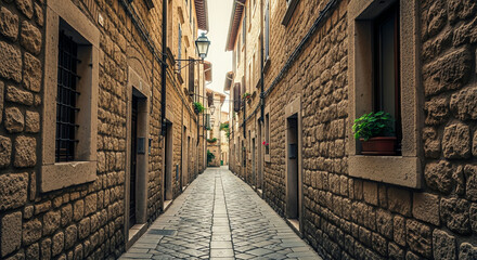 Fototapeta premium Narrow European Cobblestone Street Lined with Old Stone Buildings and Plants