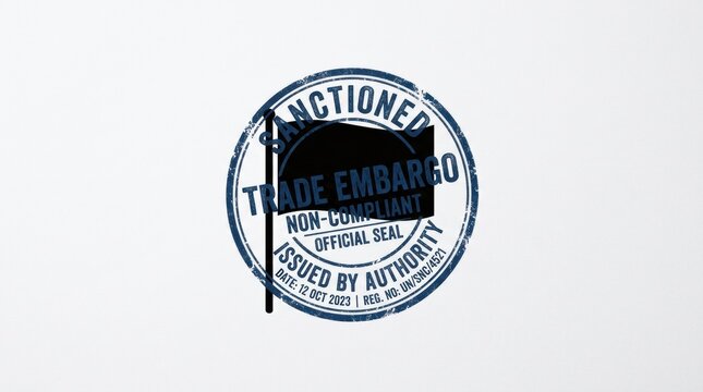 A seal showing a trade embargo marked as non-compliant. It includes a flag overlay and has a date issued in October 2023.