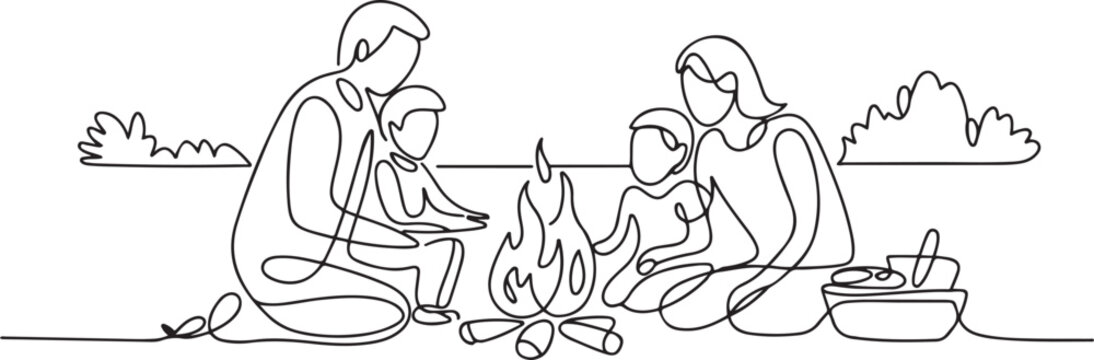 One continuous single drawing line art flat doodle family, picnic, flame, outdoors, child, lifestyle, fire, happiness. one line icon drawing vector