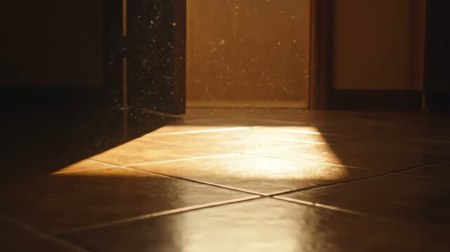 Sunlight Stream on Dark Tiled Floor, Dust Particles Floating in Light Beam