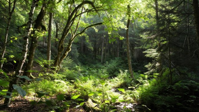 Temperate forest clearing bathed in dappled sunlight