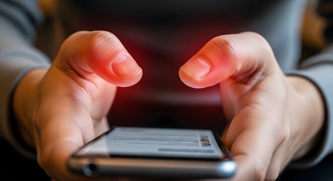 Close Up of Hands Holding Smartphone With Wrist and Thumb Pain From Excessive Device Use