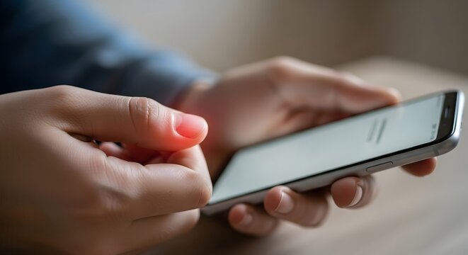 Woman's painful thumb while using a smartphone, symbolizing digital strain, trigger thumb, and repetitive stress injury (RSI).