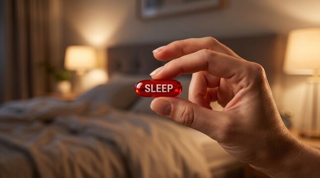 Hand holding sleep pill against bedroom background
