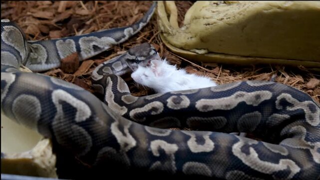 Ball python is positioning itself better to swallow the rat.