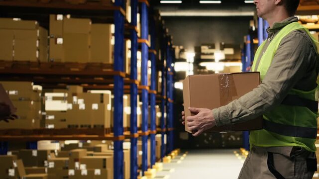 Carrying storage boxes, fulfillment center worker, securing cargo for dispatch in industrial depot facility. E-commerce operations depend on workforce, manual labor for production workflow.
