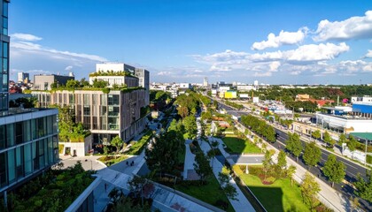 Obraz premium Modern Urban District Overlooking Green Boulevard Under Blue Sky