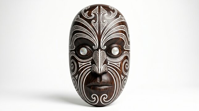 Traditional Maori Carved Wooden Mask with Intricate White Tā Moko Patterns and Shell Eyes Isolated on White