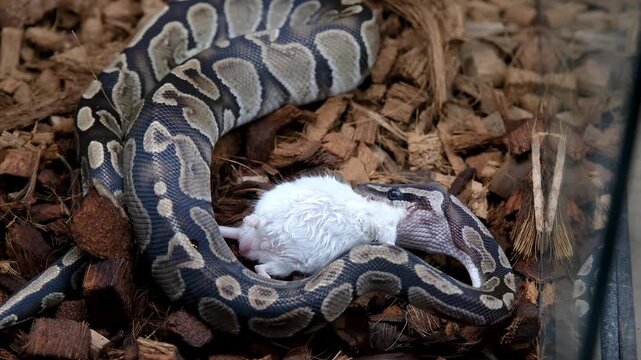A ball python in its enclosure swallowing a rat.