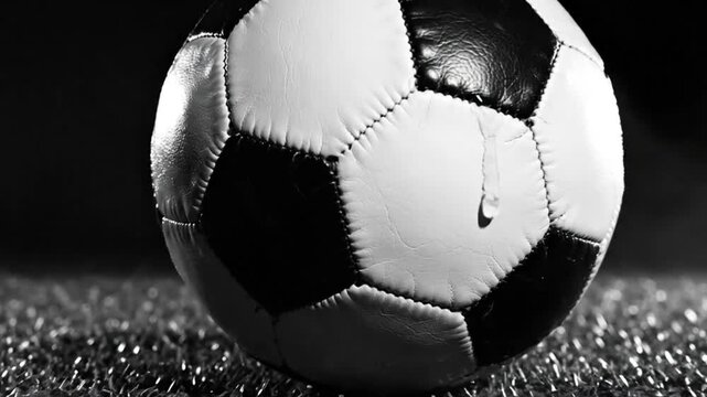 Close-up of a black and white soccer ball resting on artificial grass with dramatic lighting and a dark background