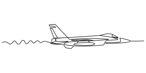 Continuous single line drawing of a fast military fighter jet plane flying in the sky with a simple artistic style for aviation and travel themes © Jagonnath