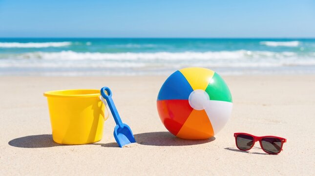 Beach toys bucket spade ball sunglasses on sand, enjoying sunny weather