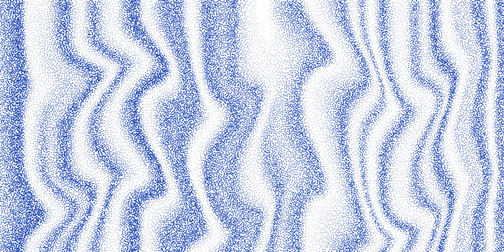 Stipple effect ultramarine blue squiggle wavy dots pattern grainy texture background. Abstract halftone dots grain textured overlay waves print for glitch banner, invitation, noise poster design