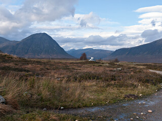 The West Highland Way on Rannoch Moor at the Black Mount approaching Blackrock cottage below Buachaille Etive Mor in Glencoe in the Scottish Highlands. © David