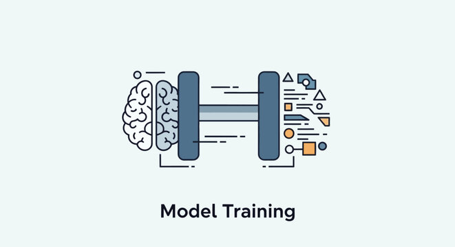 Artificial intelligence model training concept with human brain and digital data processing.