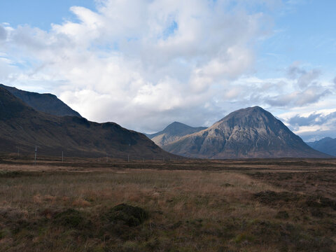 View from the West Highland Way on Rannoch Moor at the Black Mount near Glencoe, Scottish Highlands, showing Meall a' Bhuiridh and Creise with Stob na Doire and Stob Dearg of Buachaille Etive Mor.