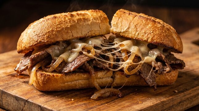 Philly cheesesteak with melted provolone, sliced beef, caramelized onions and toasted bread texture. Isolated on White background
