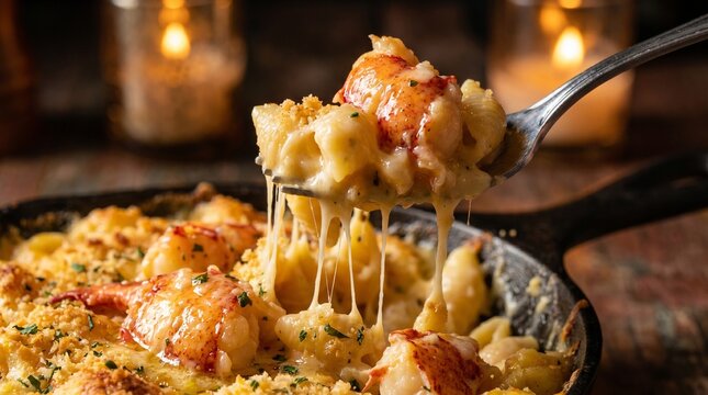 Lobster mac and cheese with creamy sauce, baked golden crust, pasta shells and buttered lobster chunks. Isolated on White background