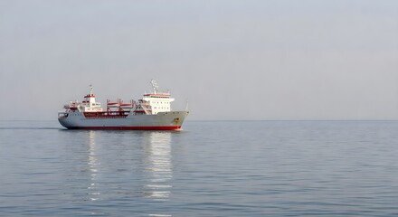Fototapeta premium Industrial cargo ship sailing on calm blue sea, commercial freight vessel in open ocean, maritime transport and global logistics concept