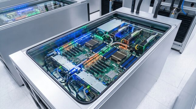 High performance computer servers submerged in liquid cooling tanks in a modern data center