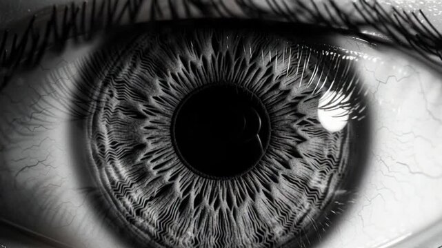 Close-up of human eye with detailed iris and reflection in black and white