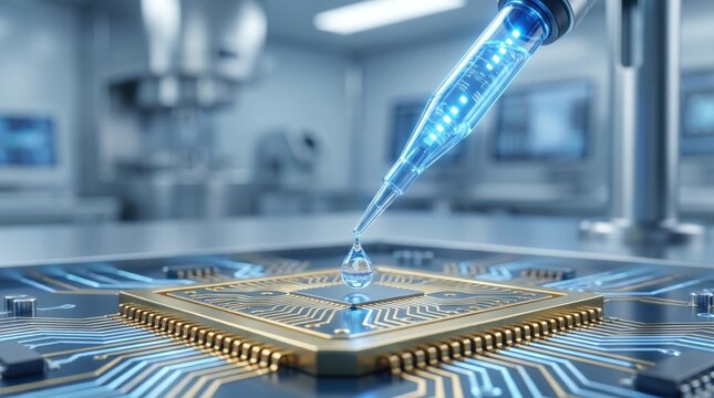 Laboratory pipette dispensing a drop of clear liquid onto a glowing golden microchip