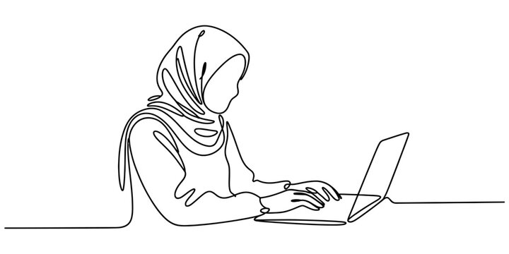 Continuous line drawing of a woman wearing a hijab typing on a laptop computer for business work or education in a simple minimalist style art