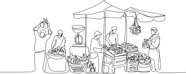 Obraz premium One continuous line drawing of traditional market activity vector illustration. Traditional traders are selling their goods or food with good quality. one line icon drawing vector