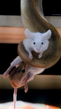 Dead rat staring at the camera and being bitten by a ball python.