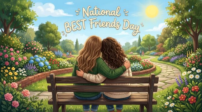 Happy friendship day two friends embrace on a bench in a floral garden