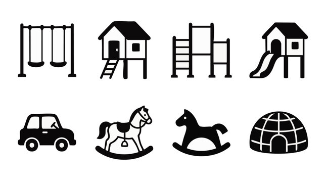 Set of black and white playground and toy featuring a swing set, playhouse, slide, toy car, rocking horses, and a climbing dome