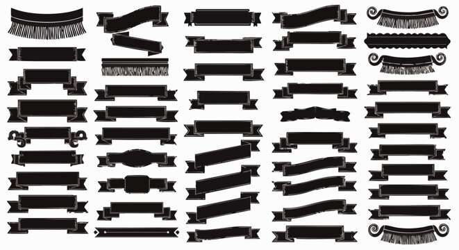 Collection of black minimalist decorative banners and ribbons, featuring various hand-drawn shapes, fringed edges, and scroll ends on white