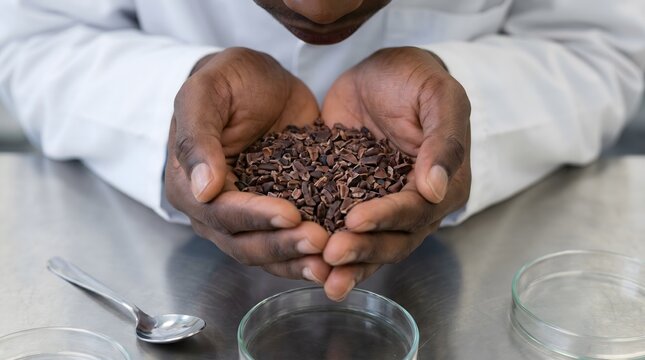 Scientist examining cocoa beans, aroma and taste exploration copy space, food background, Top-down macro