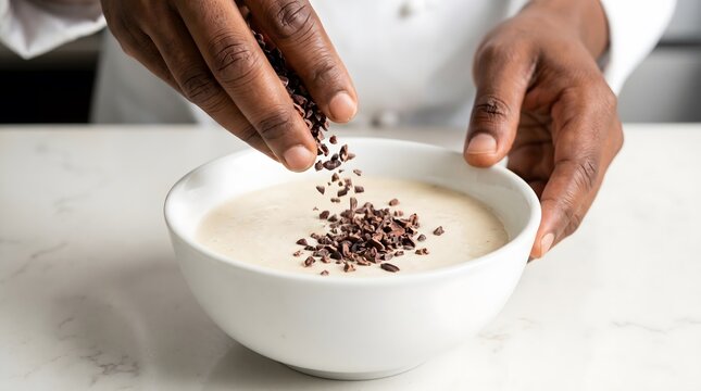 Chef sprinkling cocoa nibs over oatmeal, food preparation and culinary arts copy space, food background, Top-down macro