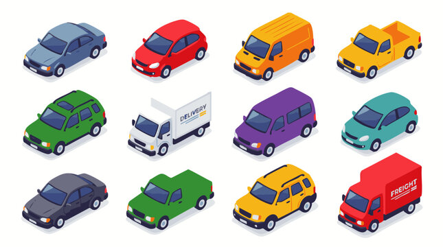 Isometric collection of diverse vehicles including sedans, su vs, pickup trucks, delivery vans, and minivans in a grid pattern on white background