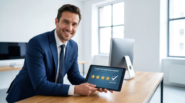 Businessman showing client satisfaction survey on tablet