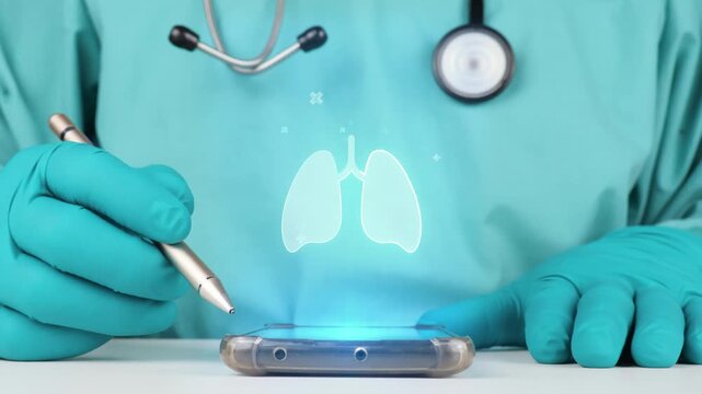 Pulmonologist uses smartphone with lung hologram interface for detection and monitoring of respiratory function through biomedical mapping, smart digital health ecosystem