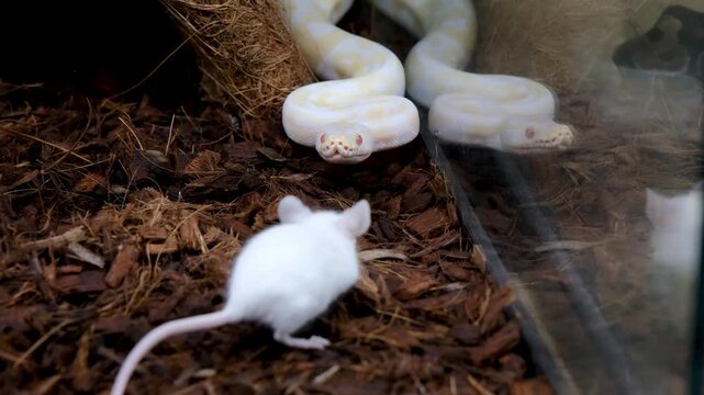 Albino ball python biting and killing a rat.