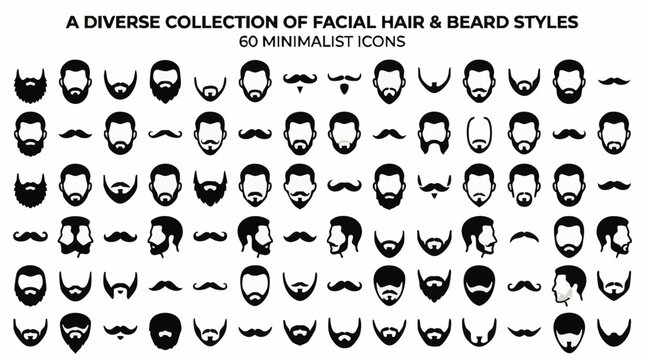 A grid of 60 minimalist black showcasing diverse facial hair styles, including various beard shapes, mustaches, and goatees on white