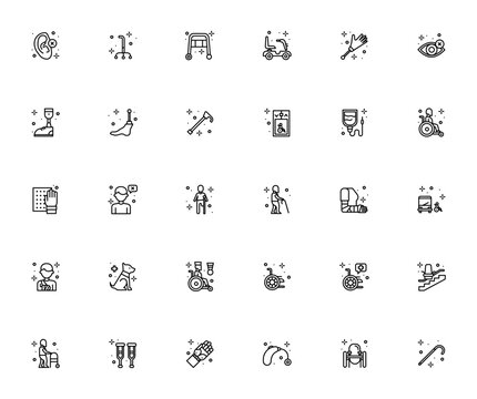 Disability vector icon set. Minimalist line icons pack. Includes symbols for deaf, blind, wheelchair, cane, walker, bionic leg, service dog, amputation, hearing aid and more. Editable stroke.