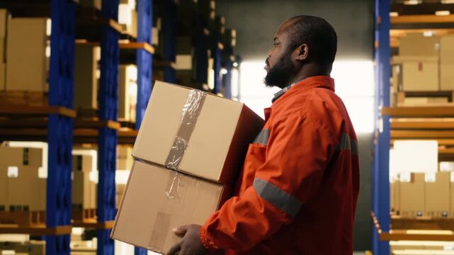 African american worker securing packages for dispatch in industrial facility. E-commerce operations depend on reliable workforce, cargo organization and safety practices for workflow.