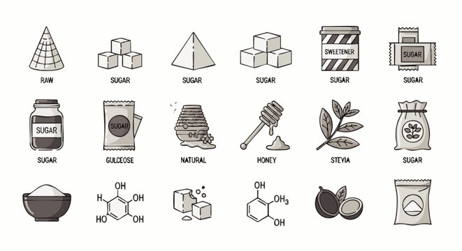 Set of monochrome line depicting various types of sugar, sweeteners, honey, stevia leaves, chemical formulas, and food packaging