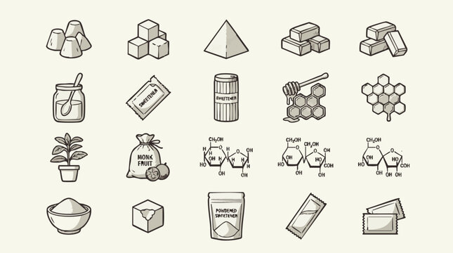 Set of monochrome depicting sugar cubes, honey, sweetener packets, chemical formulas, and natural sources of sugar on light background
