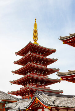 Historic five-story pagoda at Sensoji Temple in Asakusa, Tokyo, Japan