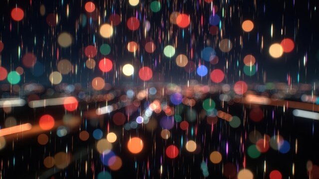 Dense colorful bokeh lights with radial streaks over dark plane