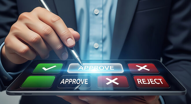 Close up of a businessman in a suit using a stylus pen to select an approve button on a digital tablet screen with a glowing interface display