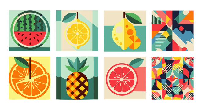 Set of stylized fruit including watermelon, lemon, orange, pineapple, and grapefruit, with two abstract geometric pattern squares