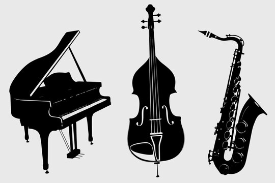black silhouettes of grand piano, cello and saxophone musical instrument set isolated on transparent background
