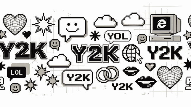 Y2 k aesthetic banner with pixelated retro computer symbols, hearts, speech bubbles, and internet explorer in black and white