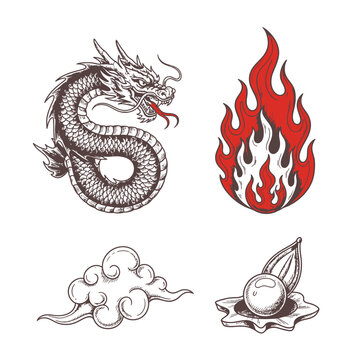 Asian dragon fire cloud and pearl vector illustrations isolated on white